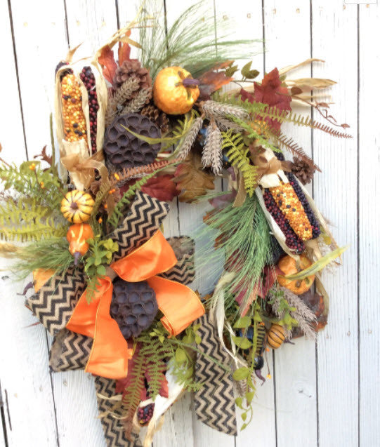 Fall Wreath with corn and burlap ribbon